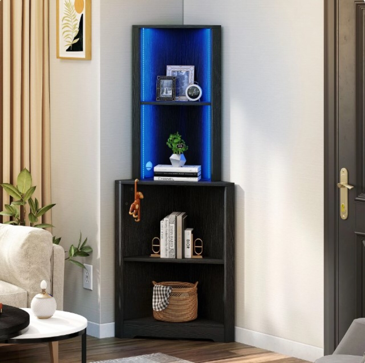 Black 5-Tier Corner Shelf with Led Light, Wooden Open Corner Cabinet, Corner Bookshelf Bookcase Stand Storage Rack for Living Room, Home Office, Kitchen, Small Space